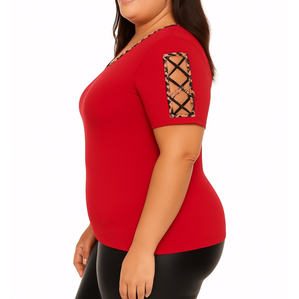 Brand New Women’s Plus Size Stretchy Red Black Lace-Up Sleeve Top Animal Pri…